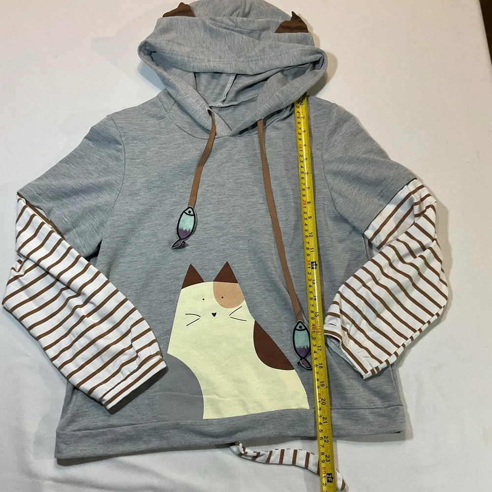 Earth Music & Ecology Kawaii Cat Gray Light Weight Hoodie Detachable Tail